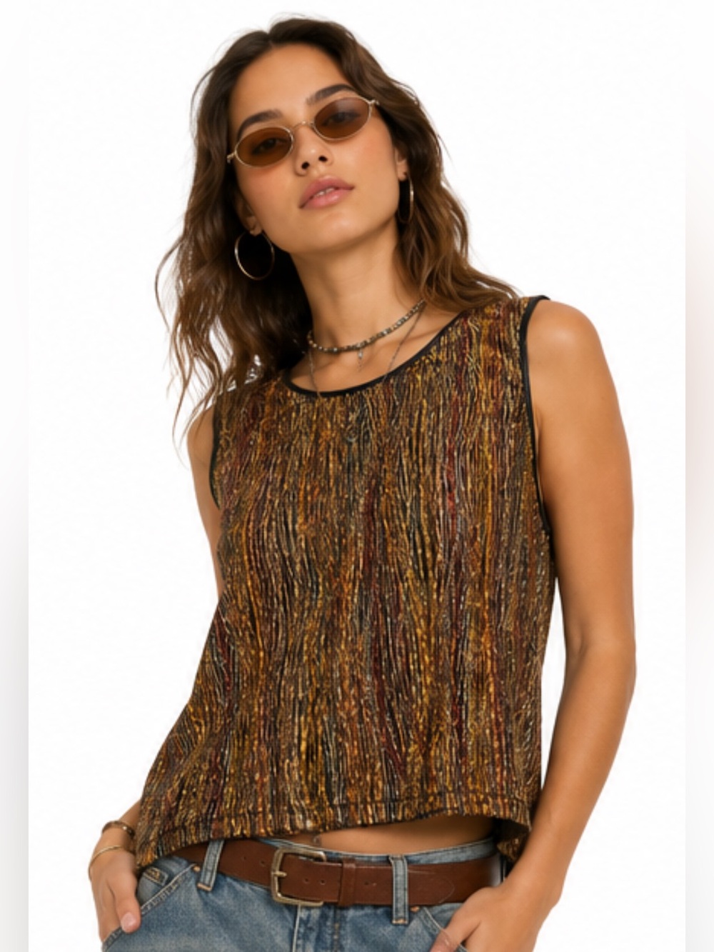 Vintage Hiroko Crinkle Textured Metallic Tank Top Brown Gold Abstract XL
